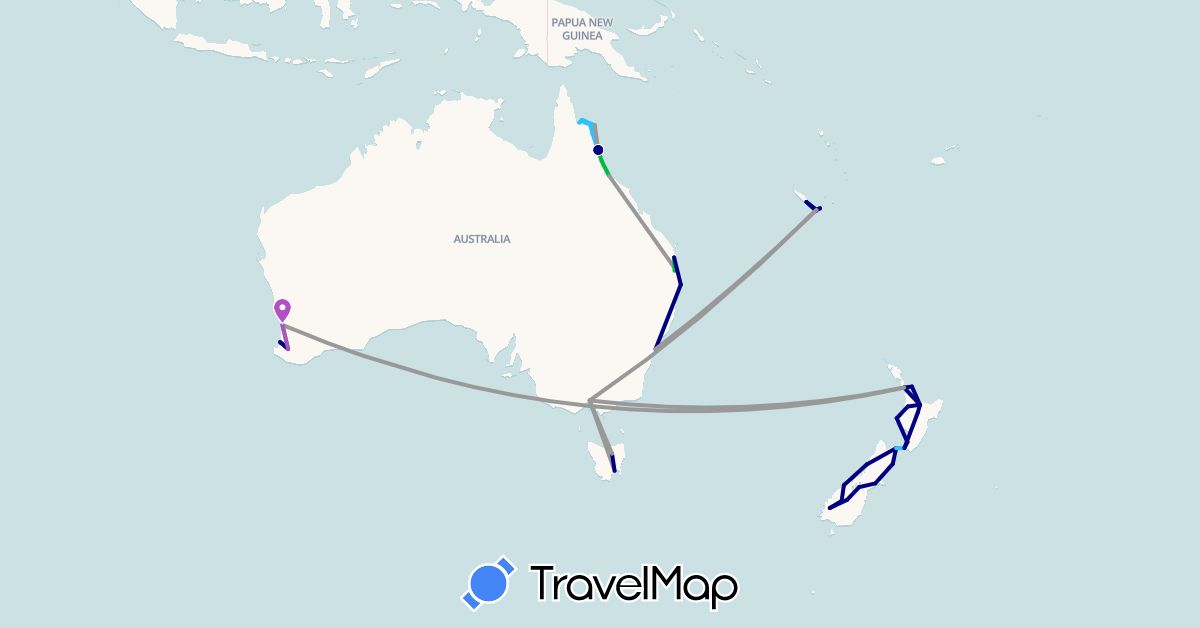 TravelMap itinerary: driving, bus, plane, train, boat in Australia, New Caledonia, New Zealand (Oceania)